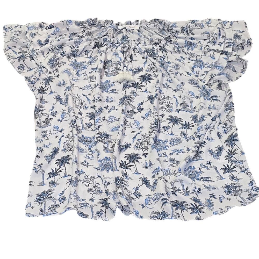 Rose + Olive Coastal Blue White Tropical Toile Flutter Sleeve Tassel Neck Blouse - Picture 10 of 11